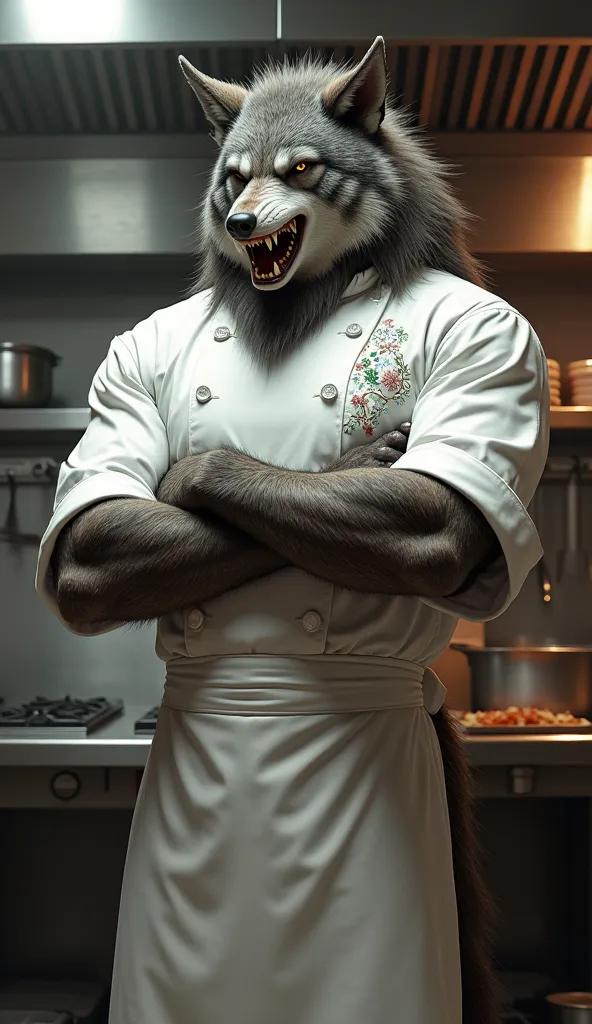 Werewolf chef in a cook dress with arms crossed 