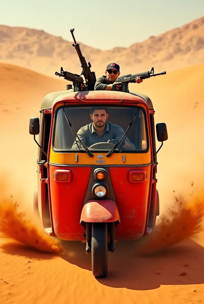  Pablo driving red tuk tuk and  weapons on top of tuktuk in desert