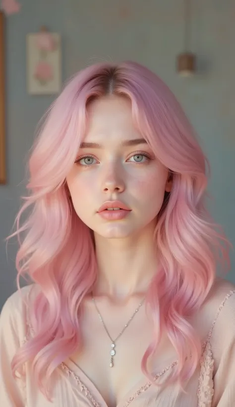 A young woman with soft pastel pink hair in loose, flowing waves that frame her face, styled slightly off-center. Her hair has a dreamy, cotton-candy hue with natural texture and strands gently falling over her forehead. Light, translucent porcelain skin w...