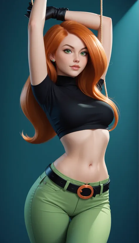 kim possible,1girl,solo,long hair,black gloves,navel,green eyes,midriff,belt,green pants,orange hair,black crop top,turtleneck,kim possible,1girl,solo,long hair,black gloves,navel,green eyes,midriff,belt,green pants,orange hair,black crop top,turtleneck, b...