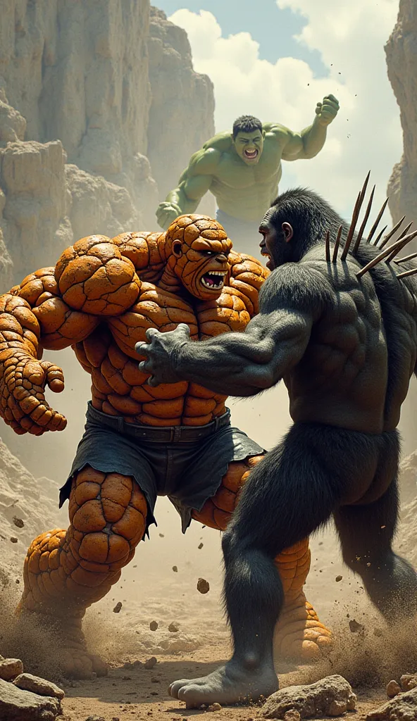 The Thing and Doomsday engage in brutal combat. The Thing, covered in thick orange rock, lunges forward, delivering a devastating punch to Doomsday’s chest. Doomsday, with bone spikes protruding from his back, retaliates with a crushing uppercut, sending T...