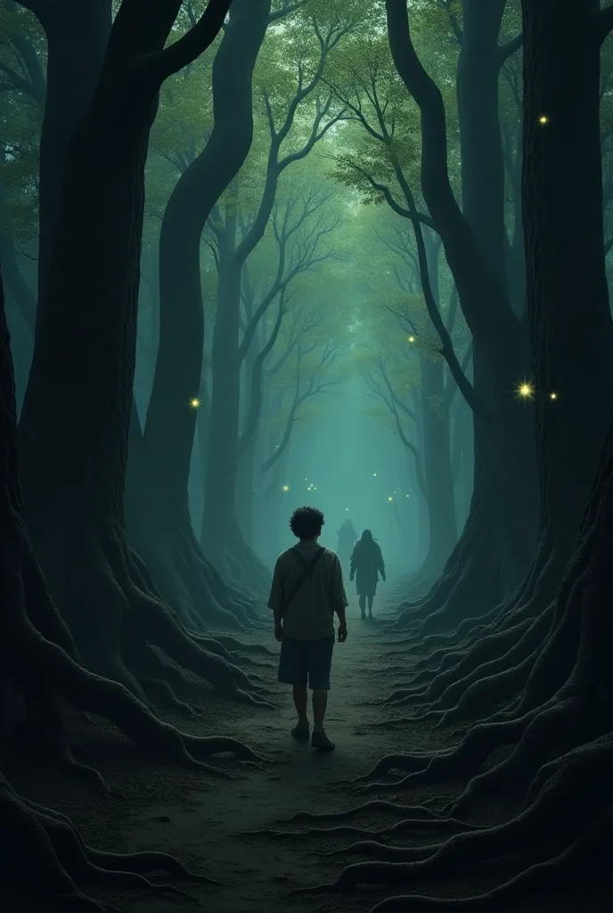 3. **Background:**  
   The forest stretches deep into the distance, with twisted tree roots and faint, glowing orbs floating among the trees. In the shadows, faint silhouettes of mysterious creatures or spirits can be seen, watching Tate from a distance. ...