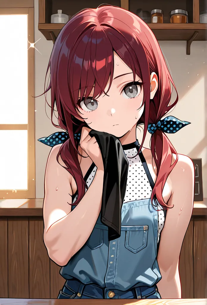 Masterpiece, best quality, intricate details, amazing quality, head tilt, hand under chin, expressionless girl, solo, long hair in low twin tails, gray eyes, dark red hair, long swept bangs, upper body, small breasts, toned arms, backless sleeveless halter...