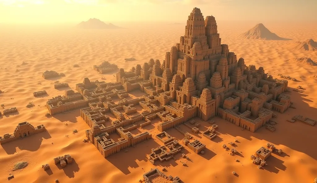 A detailed aerial view of the lost city of the Garamantes, featuring ancient stone buildings and an underground water system in the middle of the desert."