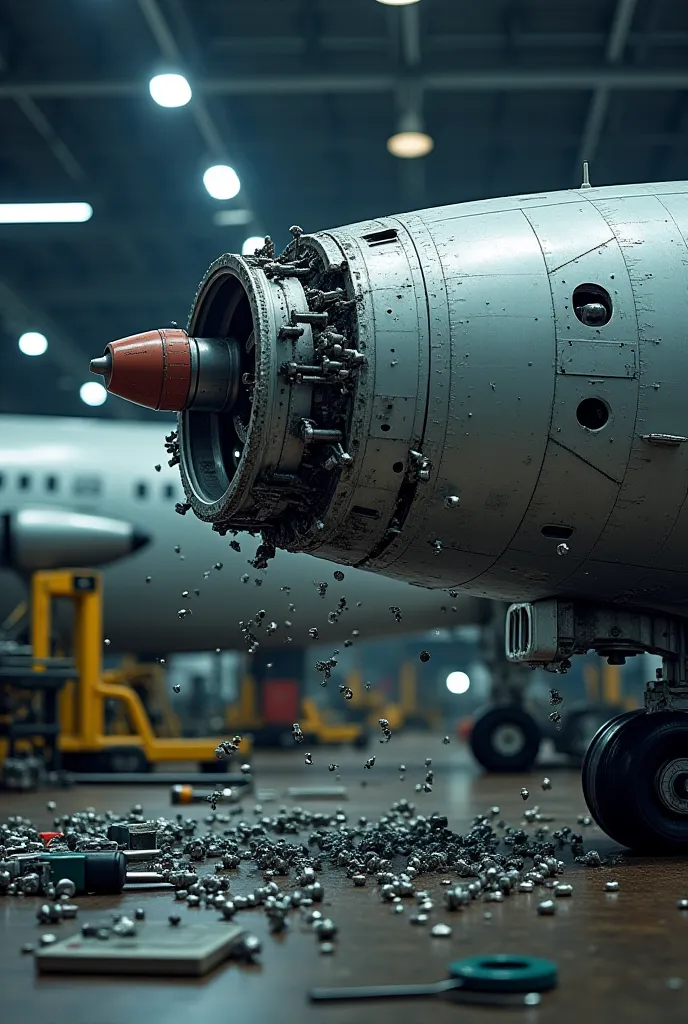 airplane parts being disassembled in a workshop. Bolts fall slowly, and there's the metallic sound of tools. The environment is bleak, with cold lighting, and the feeling that something invisible is still present, observing the process .