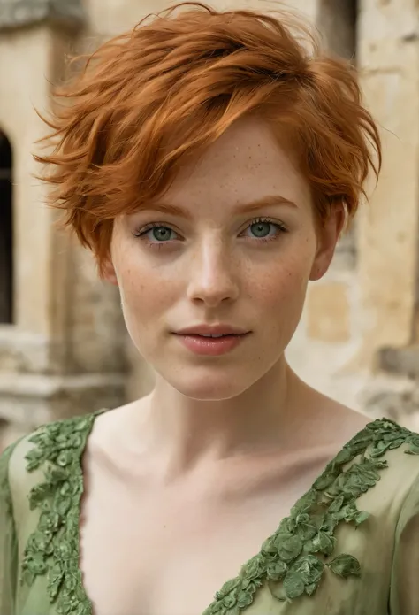 Une photographie extrêmement détaillée d'une gracieuse fille rousse de 32a, les cheveux très courts comme un garçon, avec des taches de rousseur, ses yeux sont verts, une dispersion de taches de rousseur sur ;un beau visage, avec des traits pointus. Elle p...