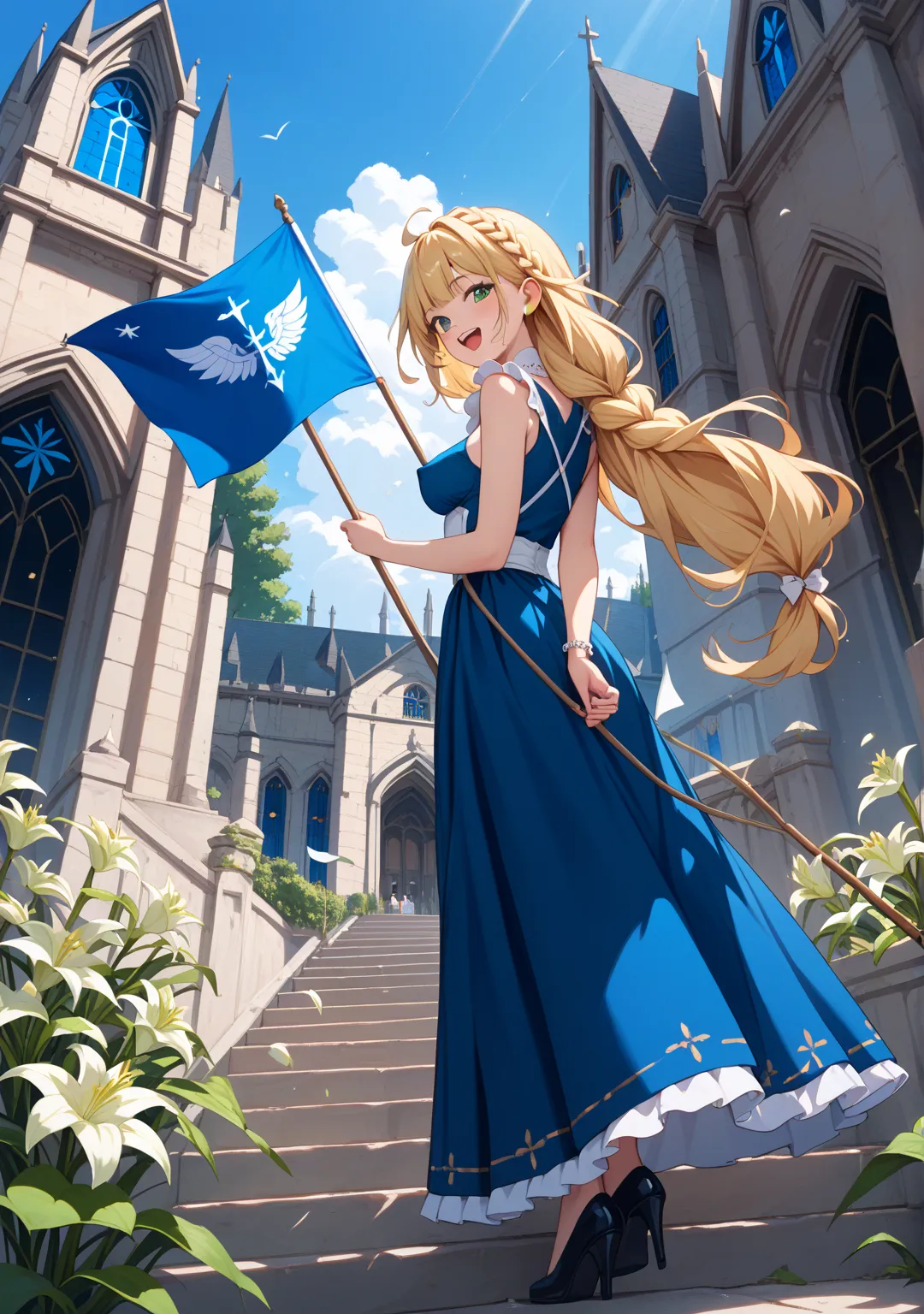 nsfw,girl,glamorous,straight hair,long hair,{{{ash blond hair}}},dark green eyes,{{{One breast is coming out,One nipple is coming out}}},full body,single braid,{blue flag},church,outdoor,At the end of the stairs,low angle, Raising the Flag,blue dress,white...