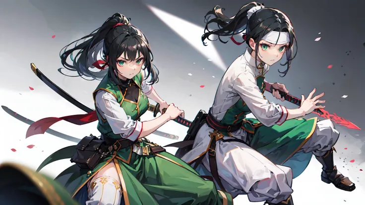 anime girl, warrior, green and white dress, headband, black hair with ponytail, serious face, holding weapon, holding spear, medium breasts, fighting stance, battlefield background, white aura, motion blur, battoujutsu, sword