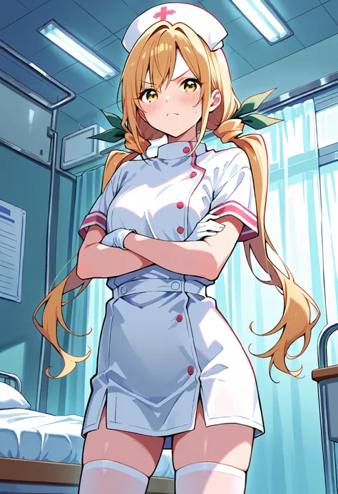 Score_9, score_8_up, score_7_up, source_anime, karaneinda, solo, yellow eyes, green ribbon, blonde hair, hair ribbon, ribbon, low twintails. small breasts, (best quality), (high quality), {masterpiece}, extremely delicate and beautiful, ultra-detailed, bea...