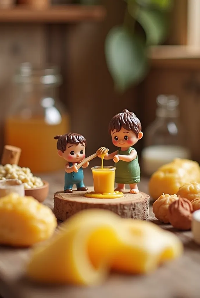 mini figures in a cozy workshop, surrounded by ingredients like honey and shea butter. They could be mixing, pouring, and molding natural hair mask , creating a vibrant and engaging scene of natural body care production.