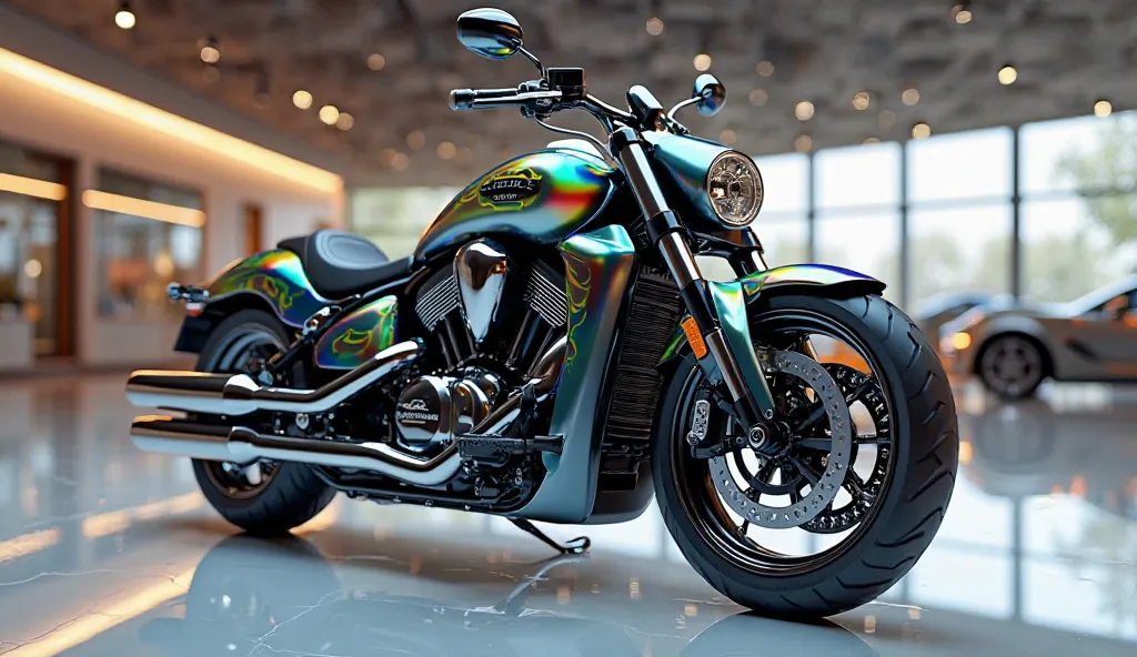 3d Render the realistic image of (New Kawasaki Vulcan 2025 ) with modification, good looking, bright all color"     " packed inside a Showroom, reflecting floor bike