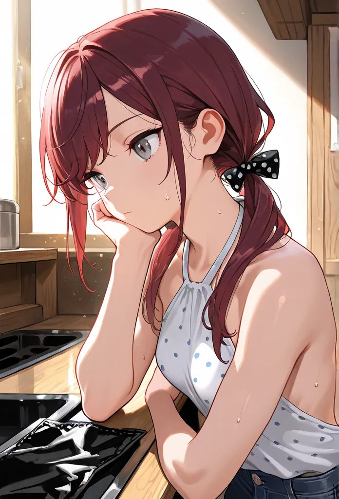 Masterpiece, best quality, intricate details, amazing quality, head tilt, hand under chin, expressionless girl, solo, long hair in low twin tails, gray eyes, dark red hair, long swept bangs, upper body, small breasts, toned arms, backless sleeveless halter...