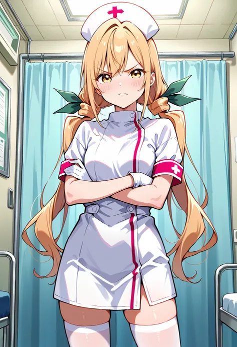 Score_9, score_8_up, score_7_up, source_anime, karaneinda, solo, yellow eyes, green ribbon, blonde hair, hair ribbon, ribbon, low twintails. small breasts, (best quality), (high quality), {masterpiece}, extremely delicate and beautiful, ultra-detailed, bea...