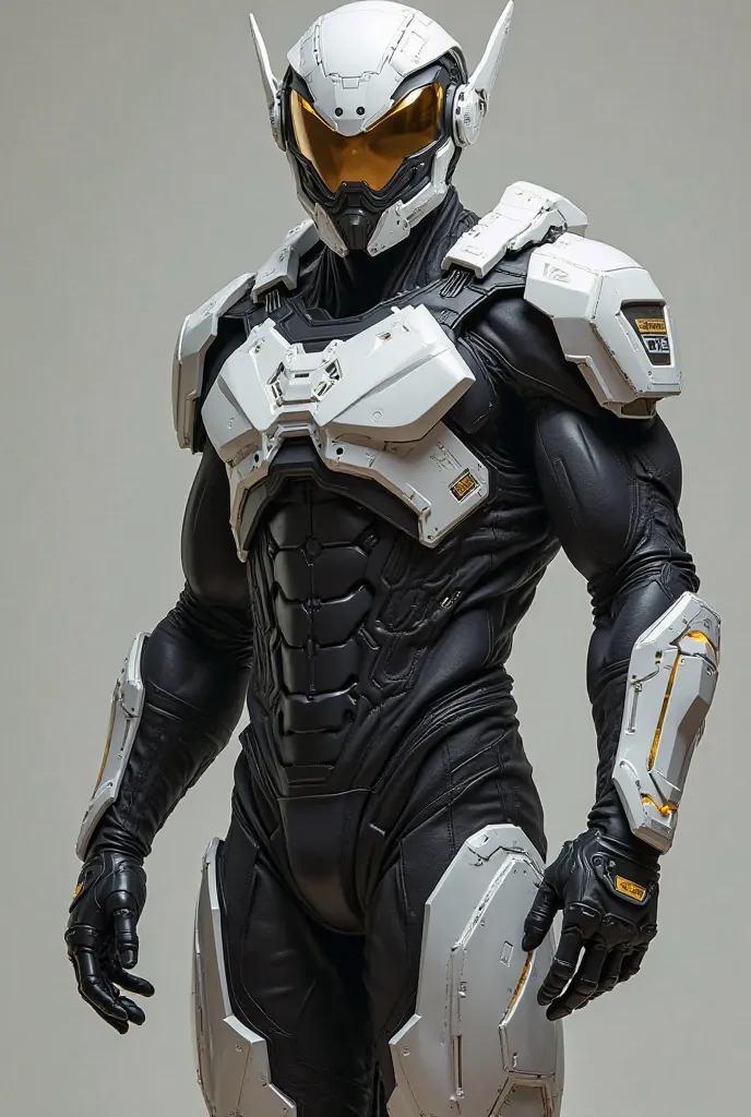 Creates a hybrid suit that mixes the angular and highly technological design of the first, the tactical style with a touch of nobility of the second and the military versatility of the third. The base would be a black suit fitted to the body, highlighting ...