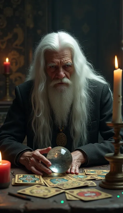 An elderly fortune teller with long, white hair like mist, sitting on a table covered with worn tarot cards and crystal ball, deeply wrinkled face, intricate mantle, mysterious expression, dimly lit room, candles, hidden symbols, dramatic lighting, dark an...