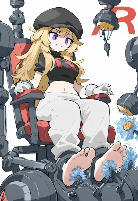 4k, Team Rocket Grunt, srylish woman. Tough girl, Alluring female, adult woman, thicc, Beautiful appearance. Long hair, Alluring face, 34 year old. She is bound inside a large machine, (trapped sitting in "automatic tickling chair"). Her body immobilized b...