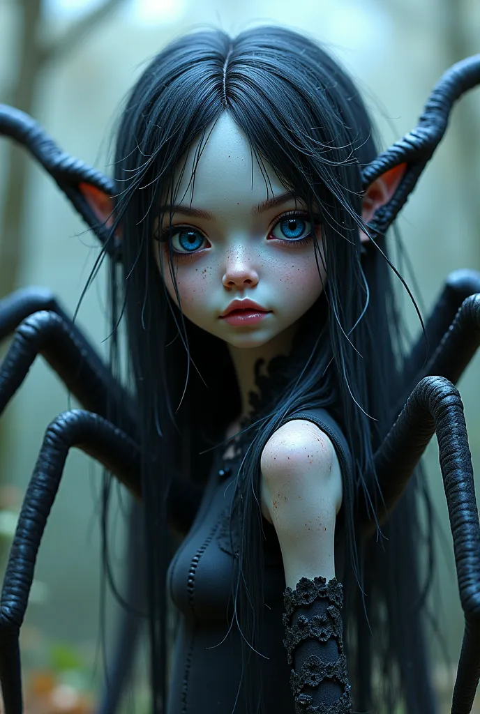 Create a picture of a black creature with 6 hands and a cute spider face for girls, long black hair with some dark blue, hollow eyes, a black human body with a face