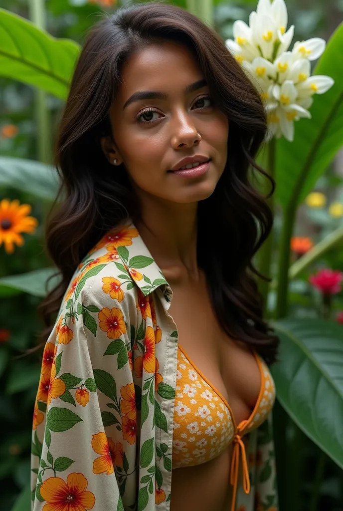 A Brazilian woman in a lush tropical garden,  wearing an open shirt with floral print, with a close up capturing the harmonious beauty between her breasts and natural flowers, showing her natural charm and outgoing personality.