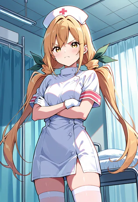 Score_9, score_8_up, score_7_up, source_anime, karaneinda, solo, yellow eyes, green ribbon, blonde hair, hair ribbon, ribbon, low twintails. small breasts, (best quality), (high quality), {masterpiece}, extremely delicate and beautiful, ultra-detailed, bea...