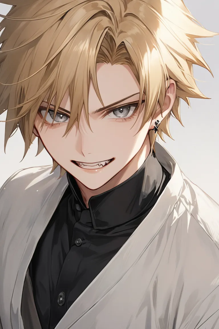 best quality, high detail, ultra-detailed, 8k, masterpiece,anime-style illustration of a young man in his mid-20s with sharp, angular features and a confident smirk. His short, spiky golden blonde hair gives him a rebellious and energetic look. His piercin...