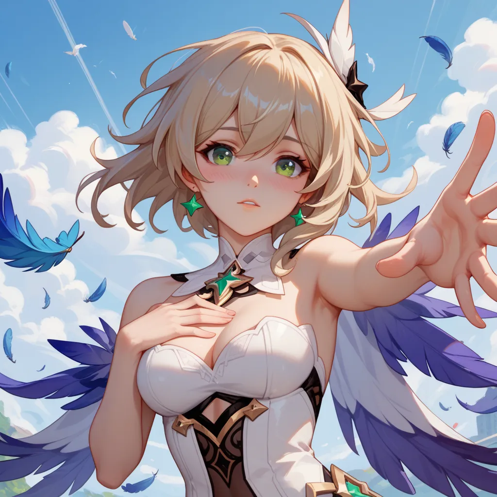 masterpiece, best quality, very aesthetic,
1girl, robin \(honkai: star rail\), green eyes, blush, solo, falling feathers, hand on own chest, feathers, reaching, reaching towards viewer, white