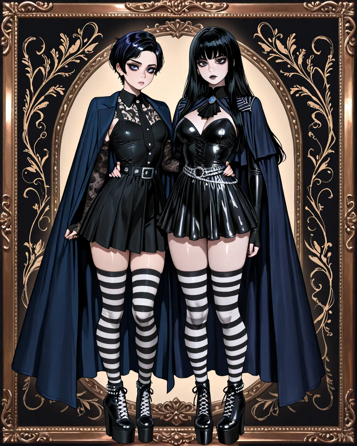 Wendy has straight jet black hair cut in a sleek short style, similar to Mavis Dracula's pixie cut hair, Thick bangs cascade over her forehead, Her wide-set eyes are a unique lavender color with hints of blue around the edges, framed with long dark lashes,...