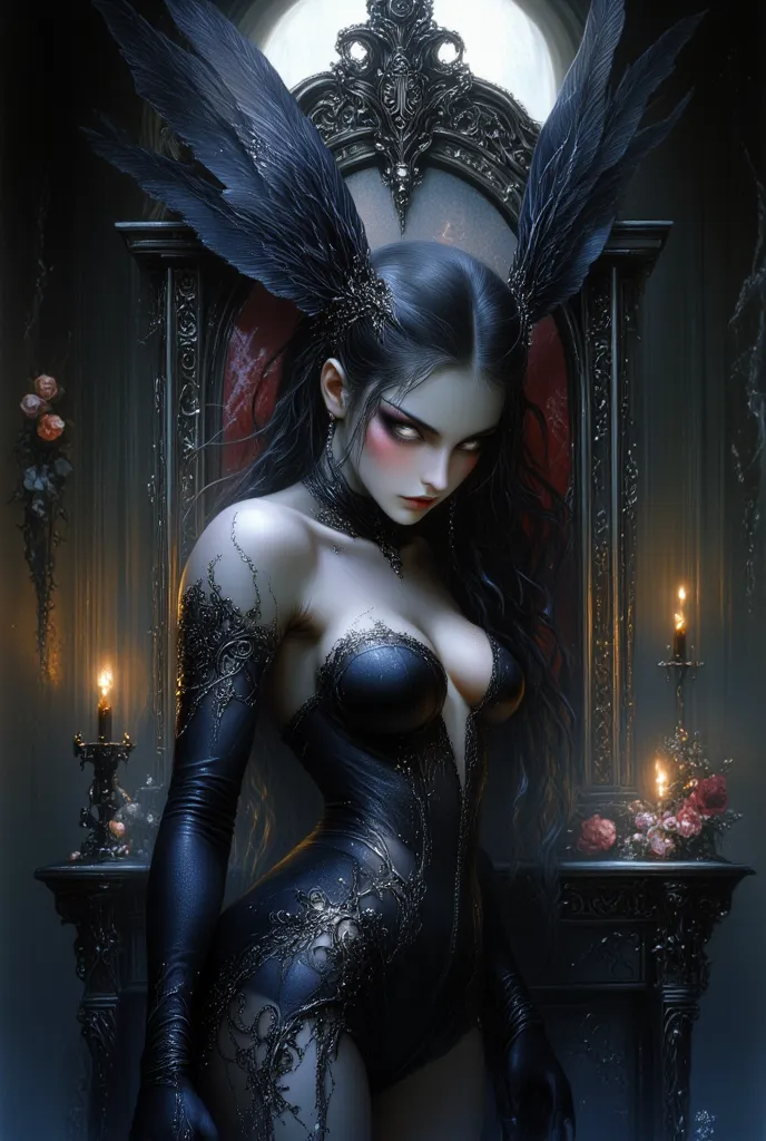 A mesmerizing and powerful depiction of Lilith, the legendary dark goddess, embodying both elegance and mystery. She stands in a dimly lit, gothic chamber adorned with ancient runes and flickering candlelight. Her long, flowing black hair cascades like mid...