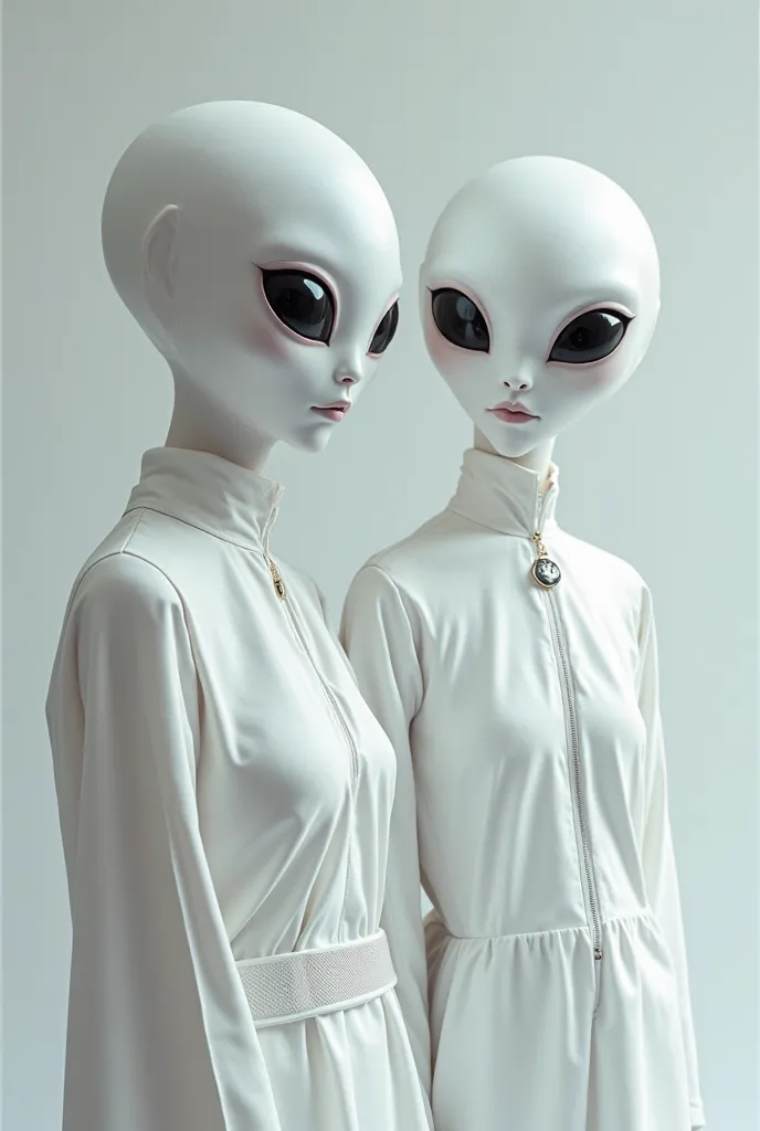 2 Aliens,Alien girl ,16 and 20 years old, Big Black Eyes ,long slender face,Big Breasts, pure white skin ,ผ้าคลุมศีรษะwhite,Priestly style,, 1 person in white dress, female priest,Female gender, 1คนใส่ชุดนักฆ่ารัดรูปwhite ,light gray background,sky reflect...