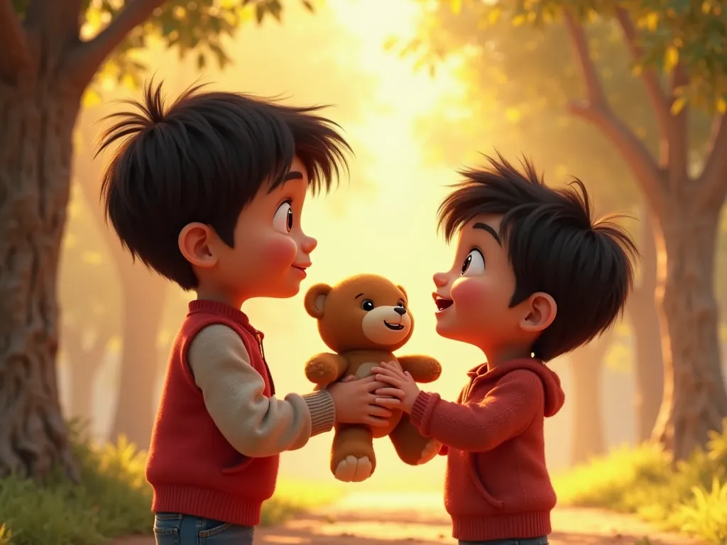 Aarav’s Moment of Kindness
"Aarav, , bright eyes filled with kindness, gently handing his teddy bear to a younger  with messy black hair, the  wearing a slightly worn red sweater, looking up in surprise and joy, soft golden sunlight shining through trees, ...