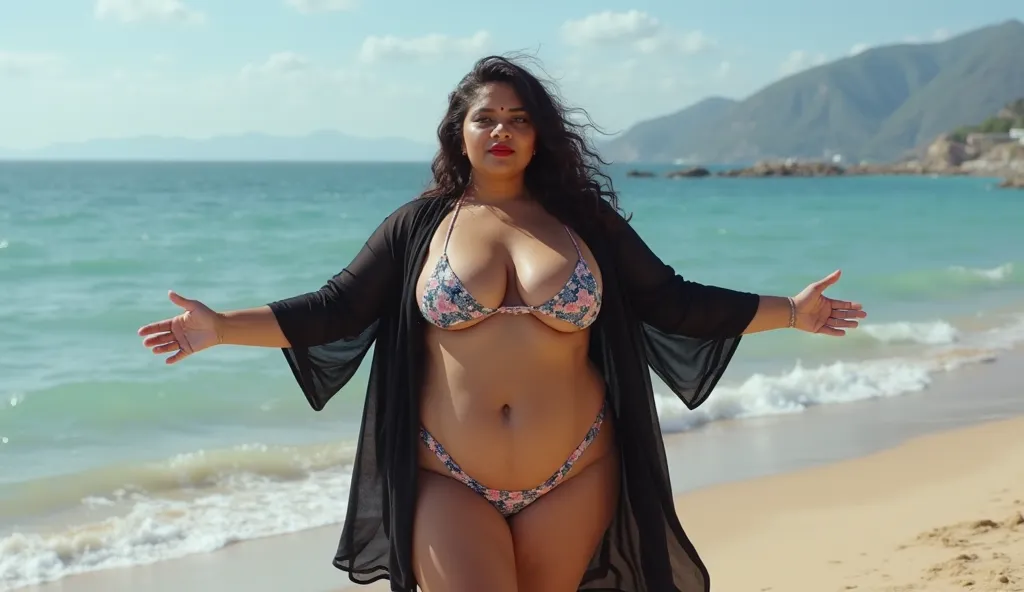 Indian plus size sexy woman doing dance in bikini and black coaty on the beach, red lipstic, best quality, Indian chubby stepmom, hot stepmom, hot figure, bikini, big boobs, cleavage, detailed, physical render, sexy figure, hot figure, plus size indian wom...