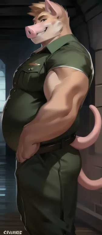 Solo, giant male Tall,model, big​ body,​standing, den,Pink pig  ​ , black green Army uniform,tail pig lobg, overweight, muscular, smirking, by chunie​