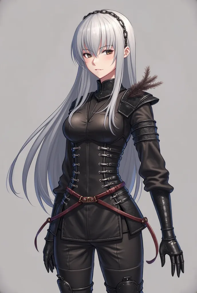 Solo, Maid, Masterpieces, anatomically correct, best quality,  long hair, Silver hair, Gray eyes,  smiling mouth corner,  serious face, Stare, simple background, private view , She wears black leather armor that tightens her body and is adorned with severa...