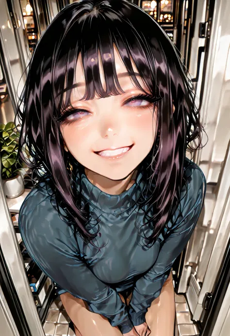 ( Super apartment , Flat shadows, flat color :1.1), (1 Girl), (very beautiful i girl), (pretty face:1.2), ( perfectly symmetrical face ), with messy hair , (dark purple eyes, Strong eyes highlight, beautiful eyelashes ), (big smile), perfect body, (p...