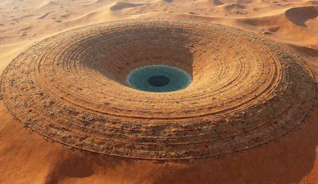 The Eye of the Sahara (Richat Structure), a massive circular formation with mysterious, otherworldly patterns, seen from space."