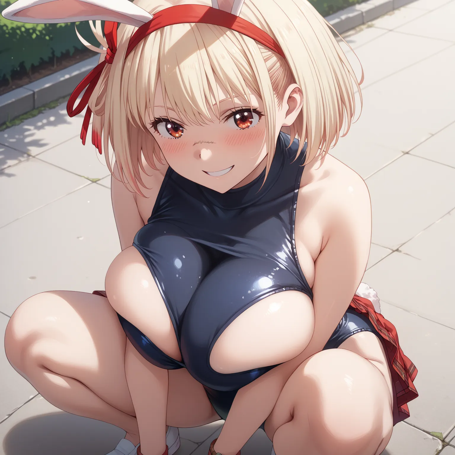 chisato nishikigi, short hair, bangs, blonde hair, red eyes, hair ribbon, one side up, bob cut, huge breasts, highlight breasts, slender waist, rabbit ears head band, (leotard swimsuit:1.3), skinny swimsuit, skirt, cleavage side boob, (bursty breast, highl...