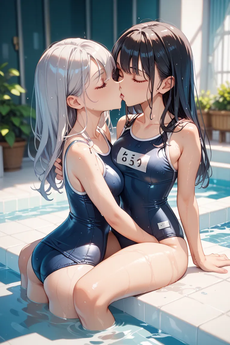 NSFW 2 girls are kissing　Girl 1: black hair,school swimsuit,my hair is wet, my body is wet　Girl 2: Silver Hair, completely naked,my hair is wet, my body is wet　 pool