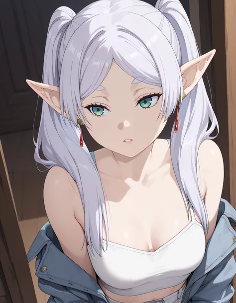 (masterpiece), (portrait), medium breasts (aesthetics), ((1 female, Frieren, 21 years old)), (pointy ears, elf,), ((long hair, twintails)), ((Gray Hair with twintails, )), thin eyes open, green eyes, cute, female, woman, feminine, beautiful, female feature...