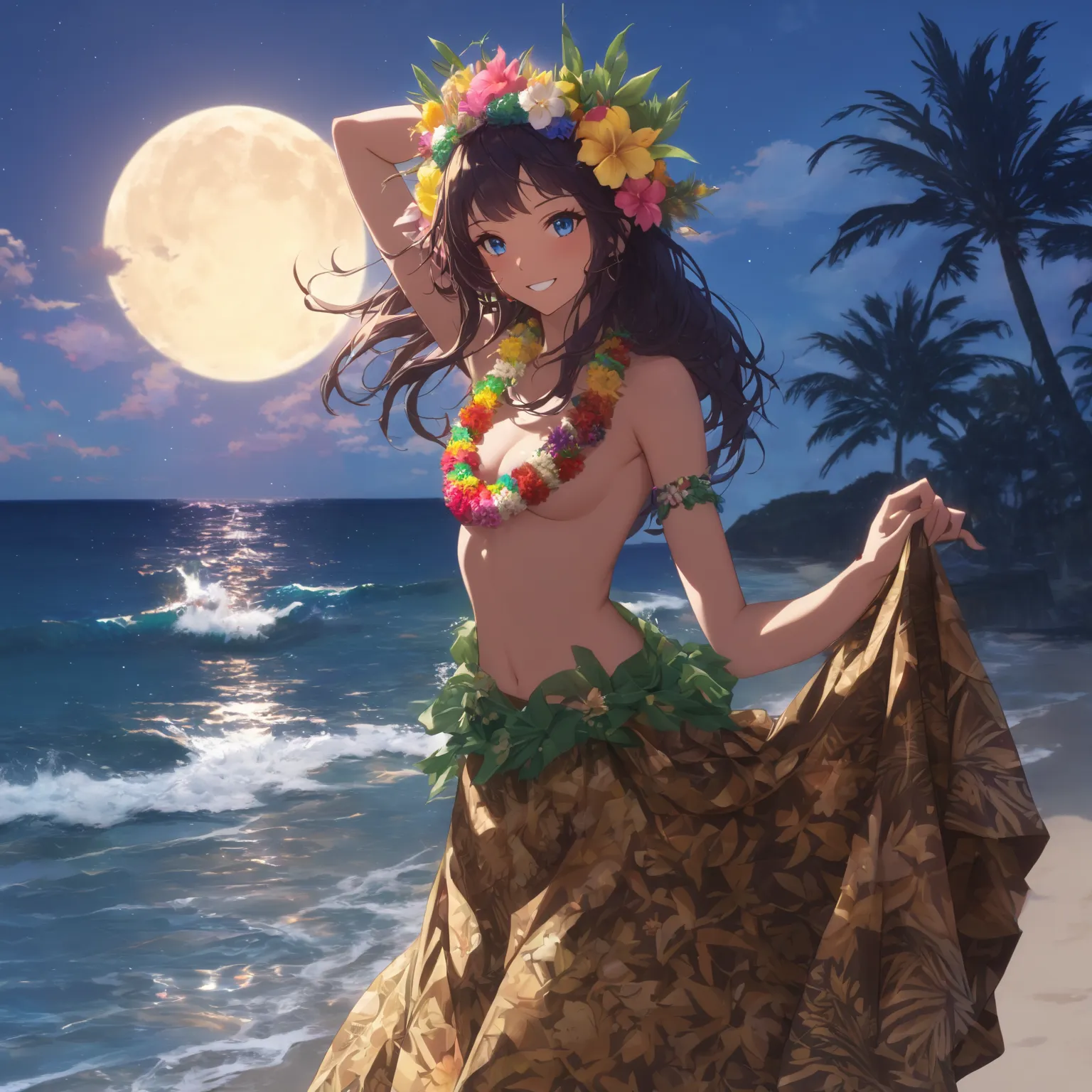 masterpiece, best quality, amazing quality, very aesthetic, high resolution, ultra-detailed, absurdres, newest, scenery, depth of field, shiny skin, anime, 1girl, Tahitian, topless, exotic pattern long skirt, flower lei, smiling, night beach