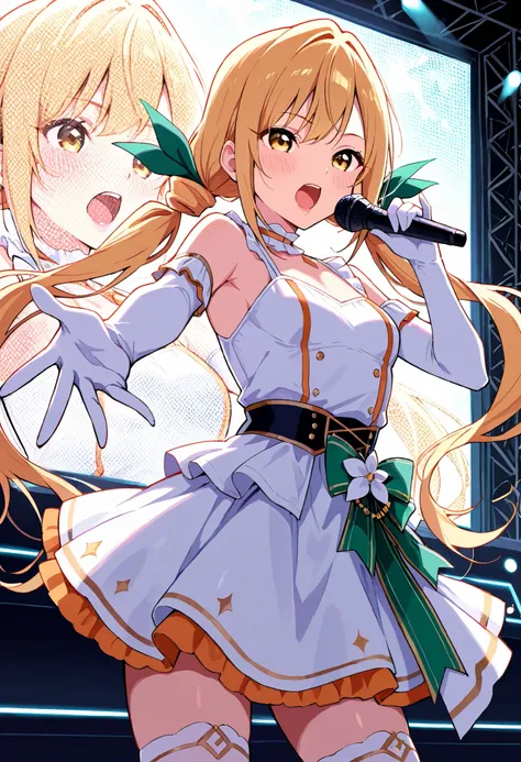 Score_9, score_8_up, score_7_up, source_anime, karaneinda, solo, yellow eyes, green ribbon, blonde hair, hair ribbon, ribbon, low twintails. small breasts, (best quality), (high quality), {masterpiece}, extremely delicate and beautiful, ultra-detailed, bea...