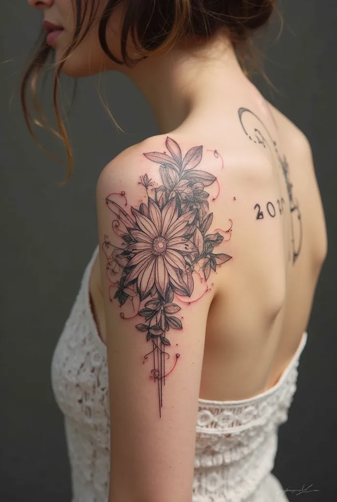 Create a tattoo that changes and covers a tattoo that says 2023, Let it be small and delicate 