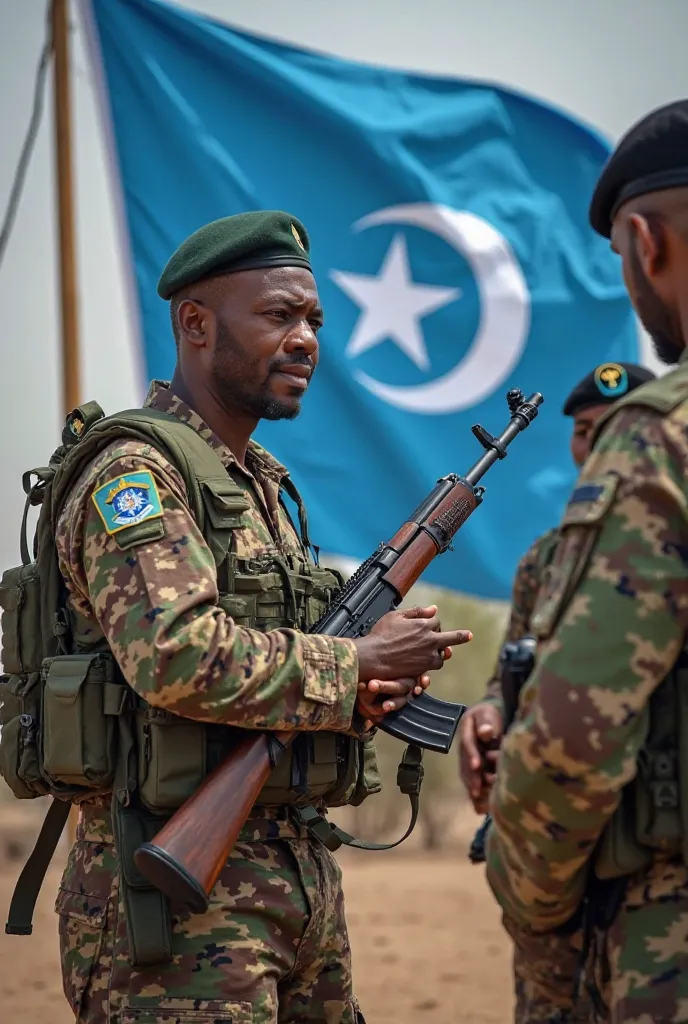 Can you generate picture of modern somali kushutic armed militry leader with militry style inspecting somali weapons industry and discussing with the industry's experts and having bright blue with white star in the center flag please

