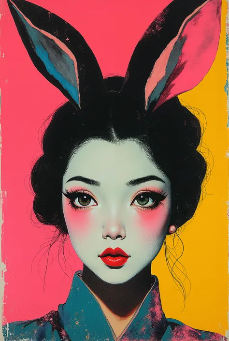 japanese woman, bunny ears, portrait , (Andy Warhol)
