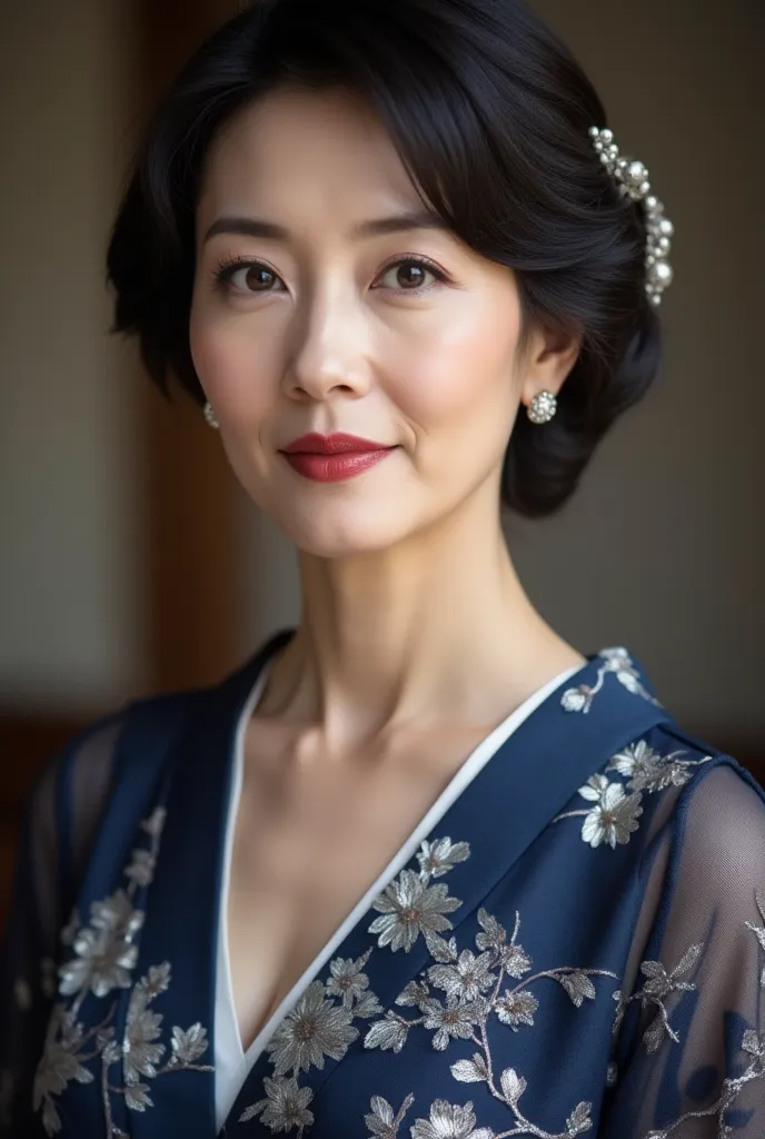 「Close-up of an elegant, mature Japanese beauty (approximately 50 years old, detailed laugh lines), styled as an alluring Edo-period courtesan. Her semi-transparent midnight-blue kimono embroidered with silver cherry blossoms gracefully reveals her necklin...