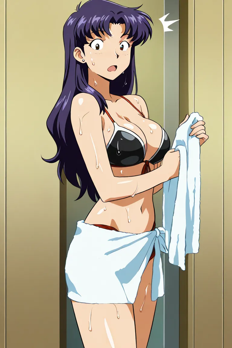 woman，Katsuragi Misato，towel to absorb water after taking a，Surprised and jumped up，wet body，flying towel,bigger breasts in bikinis, I'm ashamed,looks like it doesn't look,anime style, High Details, top quality, very long hair, 