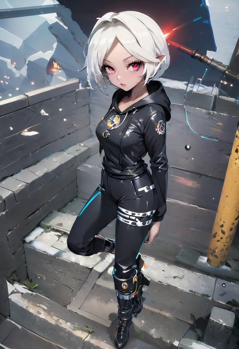 Fighting girl, epic, with particles, HD, 8k, white hair, with black cape, line marks on the face, serious face, closed mouth, casual pose, hands in Bruce Lee position, tactical pants, black hood, black lines under the eyes, black polar diver, eyes with mar...