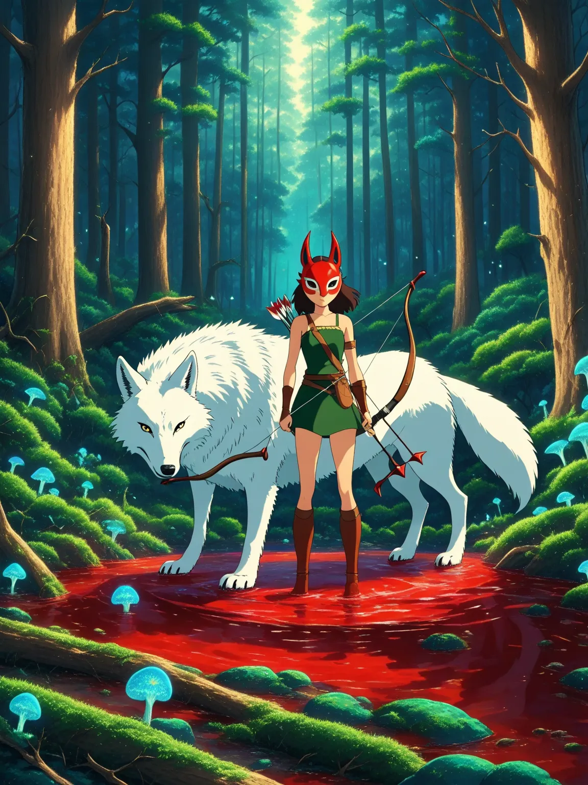 masterpiece, best quality, optimized, Ghibli style, White Wolf God，Curse Marks，Forest Blood Pool， 1girl , age girl in a mask，Bow and arrow weapons，Fluorescent Spores，Trees Coexisting with Decay and Rebirth，Dark Green and Crimson Contrasting Hues，Epic Sad A...