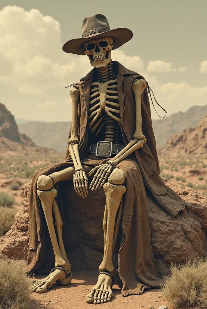 A skeleton sitting on a rock, In the Old West