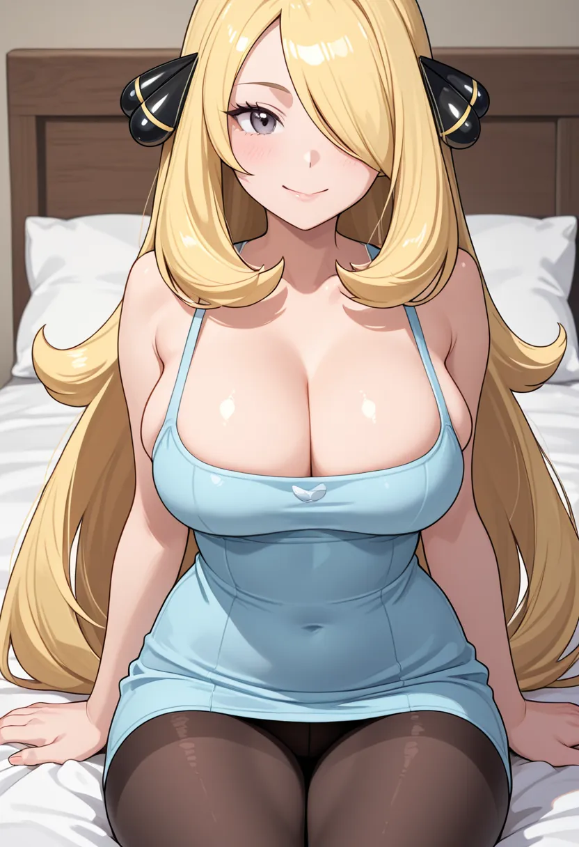 Cynthia from pokemon, she is pretty young women age of 19 year old , her eyes are yellow,she has yellow long hair, her breast size are small , she wears a hot pantyhose and fit top, she smile gently , she looking at front, she sitting onbed, in high qualit...