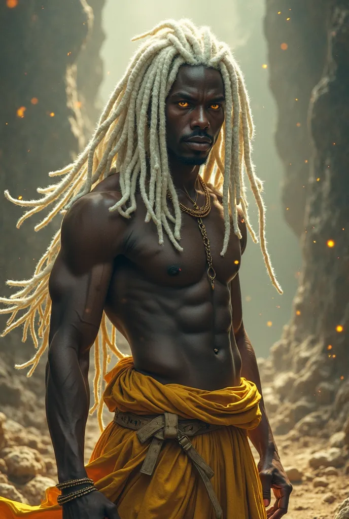 Young black man strong white dreads yellow eyes