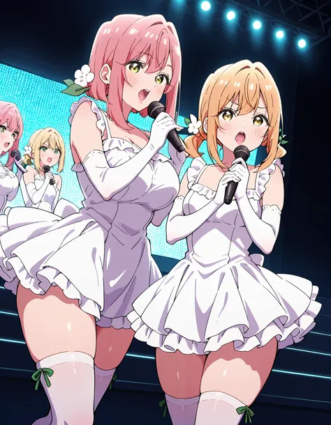 Score_9, score_8_up, score_7_up, source_anime, 2girls, Hakari Hanazono, pink hair, green eyes, hair ornament, hair flower, short hair, large breasts, thick thighs, karaneinda, yellow eyes, green ribbon, blonde hair, hair ribbon, ribbon, low twintails. smal...